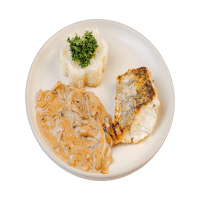 Кремді соус санырауқұлақ және күріш қосылған көксерке филесі / Филе судака со сливочным соусом грибами и рисом / Pike perch fillet with creamy mushroom sauce and rice